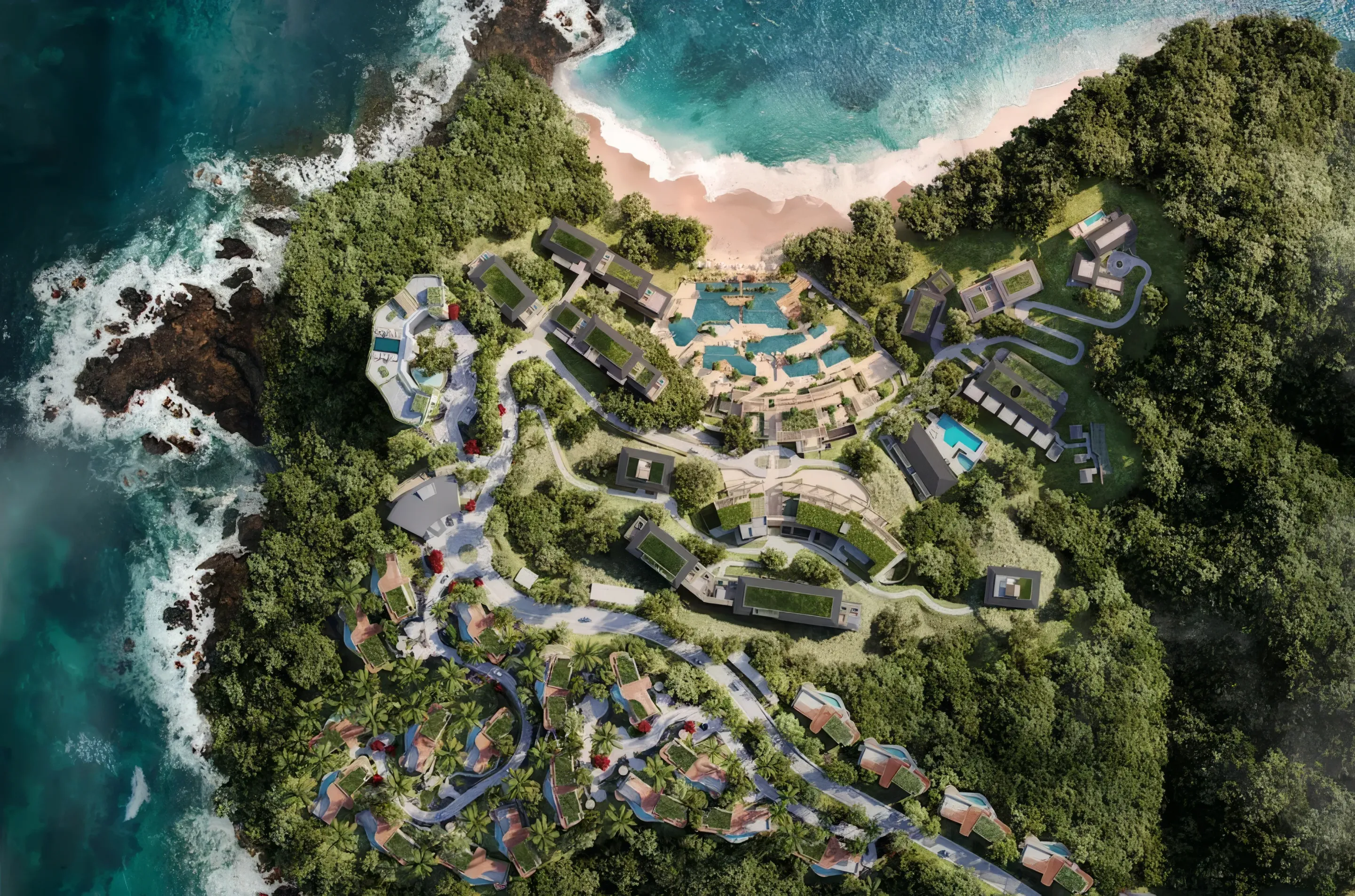 An aerial view of the Waldorf shows it's gorgeous and private setting